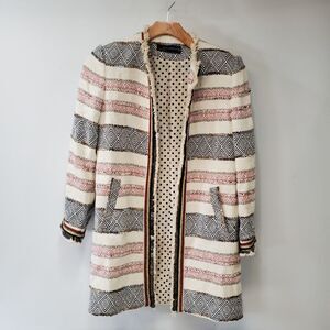 ZARA Tweed‎ Multi Color Open Front Tapestry Morrocan Beaded Long Jacket Size M